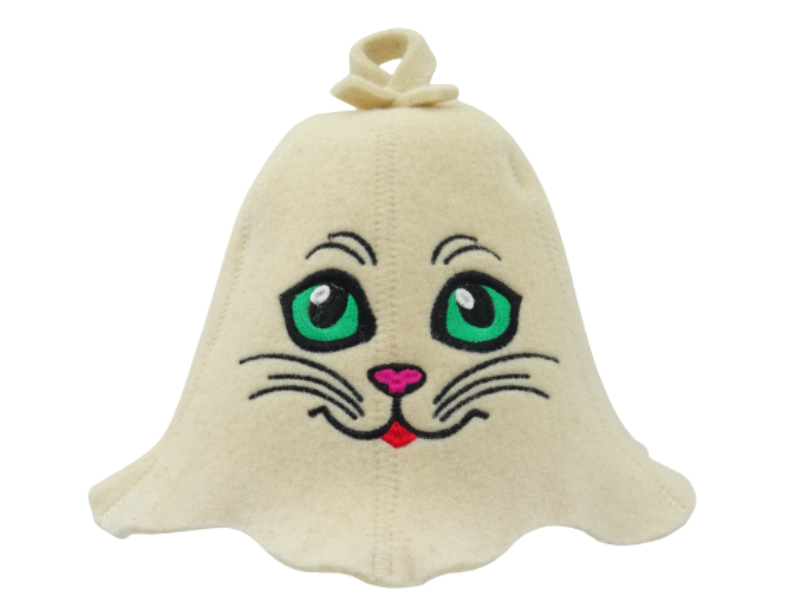 Sauna hat Kitty with green eyes beige 1182