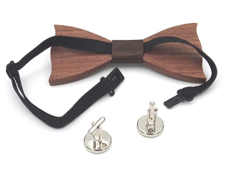 wooden bow tie set from behind
