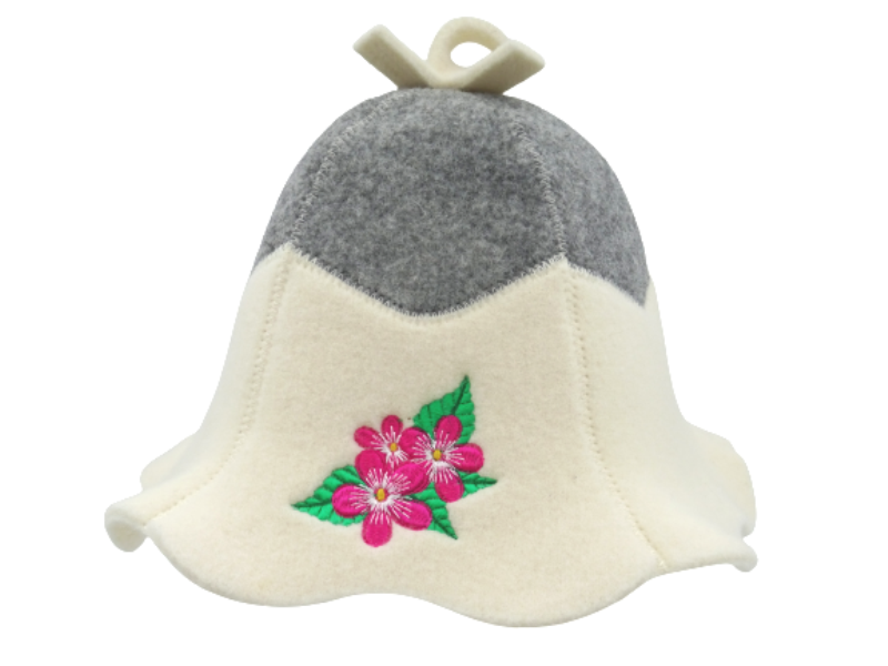 Sauna hat with flowers gray white A0182