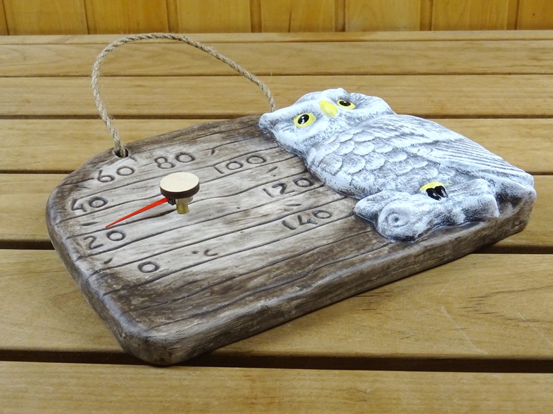 Sauna thermometer made of ceramic with owl 1304
