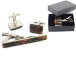 Set of tie pin and cufflinks with amber