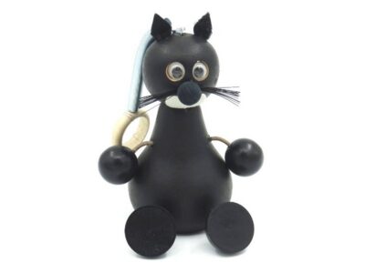 Деревянная черная кошка с пружиной